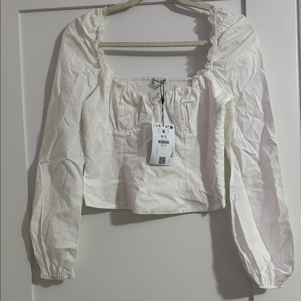 Bershka White Square-Neck Long Puff Sleeve Crop Top